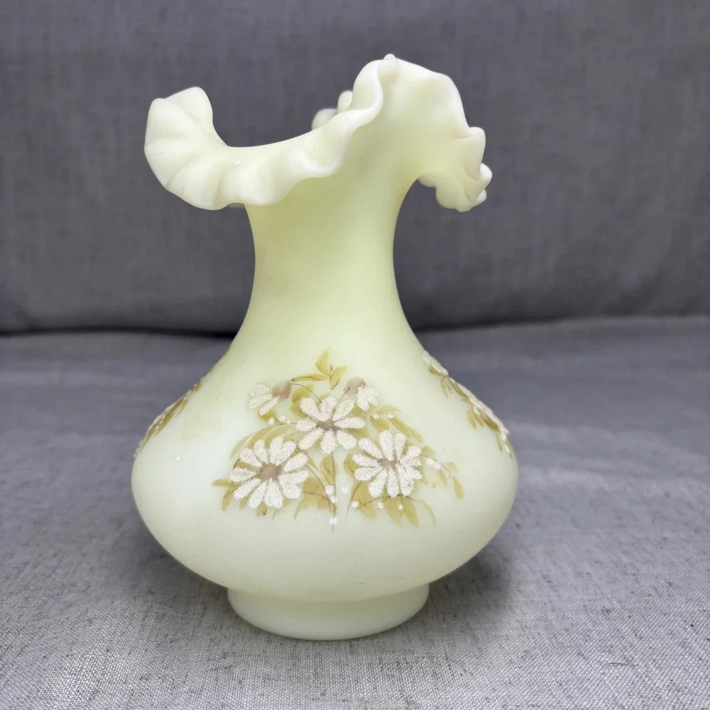 Vintage Fenton Custard Glass Uranium Vase Hand Painted Daisy Ruffled Edge Signed